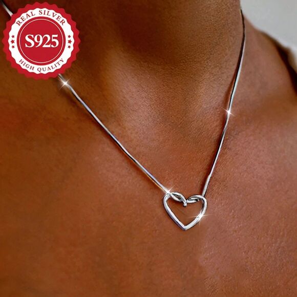 Sterling Silver Open Heart Pendant Snake Chain Necklace Simple Classic Adjustble - Picture 2 of 5